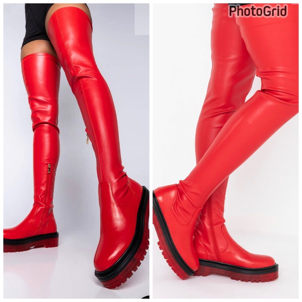 Red Thigh High Flat Leather Boots